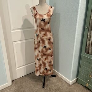 Sleeveless Butterfly Print Midi Dress in Beige and Brown